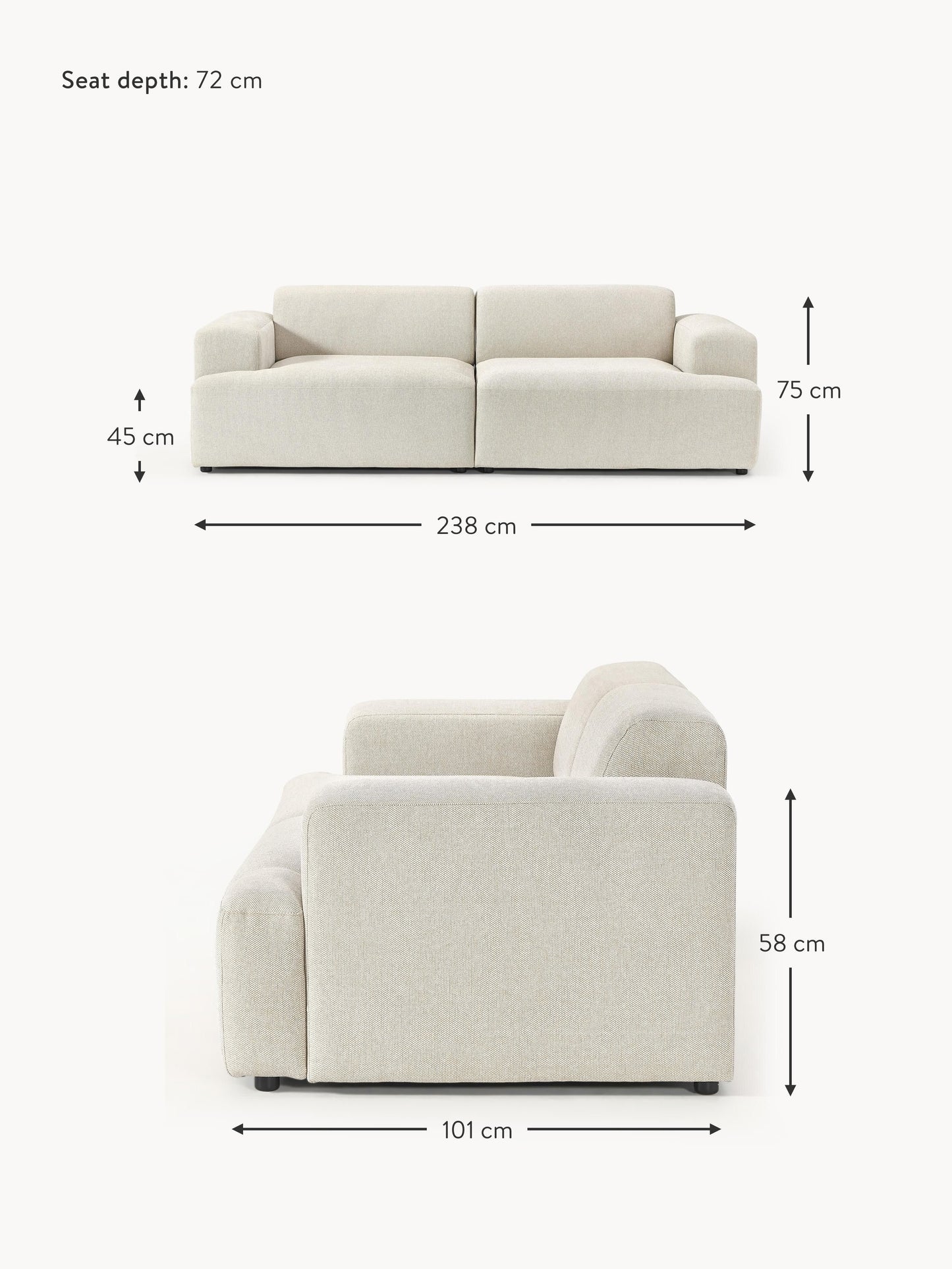 Trivietė sofa Melva - matmenys