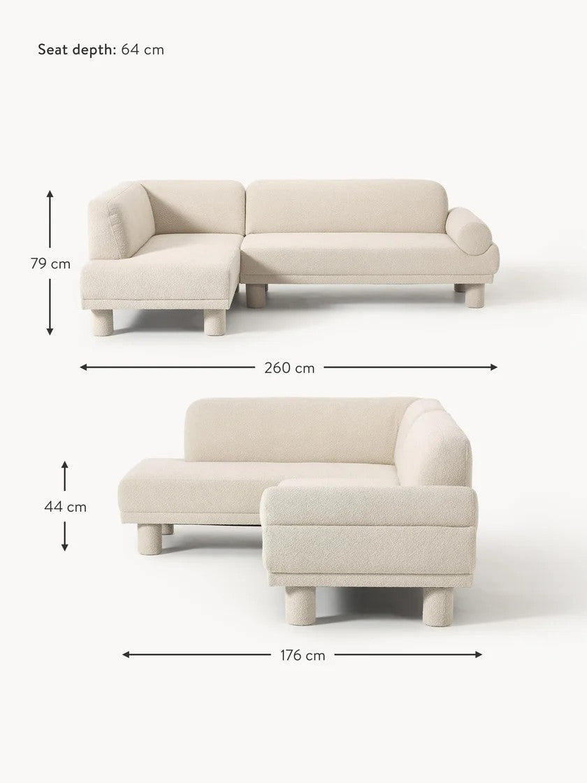 Bouclé kampinė sofa Lilo, kampinė dalis kairėje