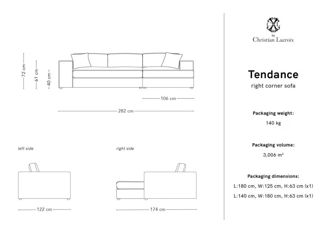 Kampinė sofa Tendance (5 vietų), kampinė dalis dešinėje